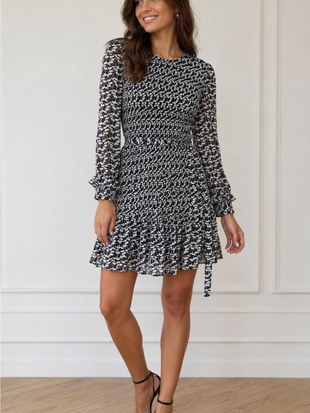 Boden Black & White Printed Long-Sleeve Mini Dress Size 10